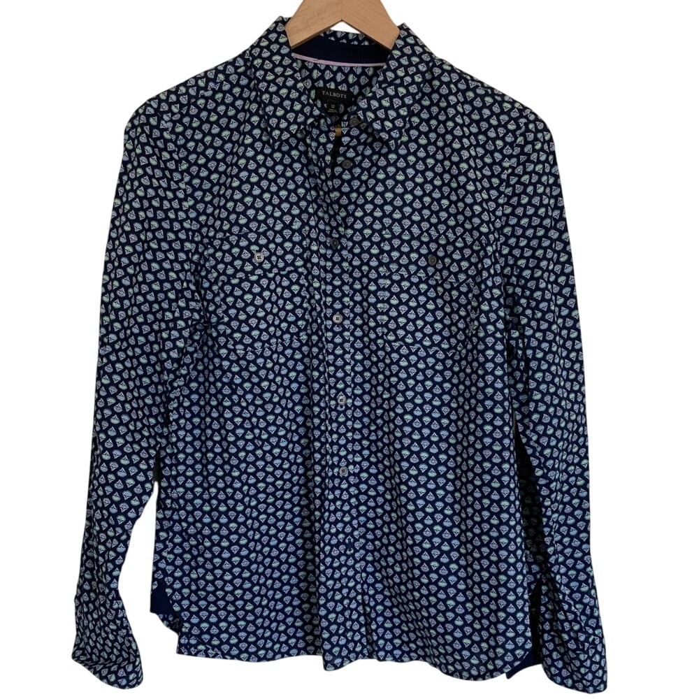 Talbots Navy Button-Down Shirt Size 12 Light Blue Geometric Print Long Sleeve